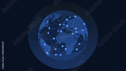 A stylized globe with interconnected nodes representing a global network and digital connectivity world wide