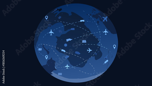 Global logistics network showing transportation routes across the world in a blue color scheme design