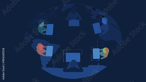 Illustration depicting people working on computers around a world map in a connected network setting