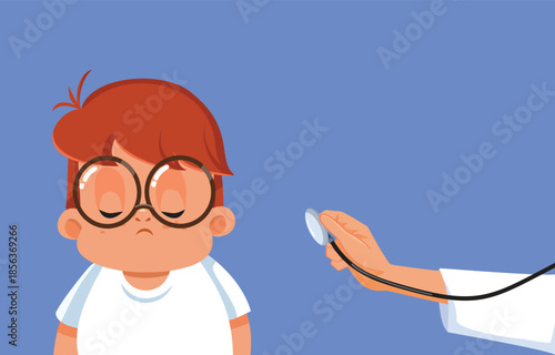Sick Child at the Pediatric Clinic Vector Illustration. Unwell kid suffers respiratory problems feeling bad 
