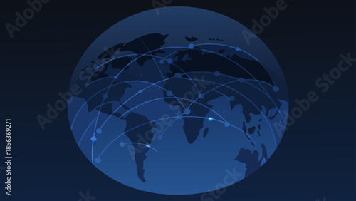 Global network visualization featuring connected dots and lines over a world map in shades of blue