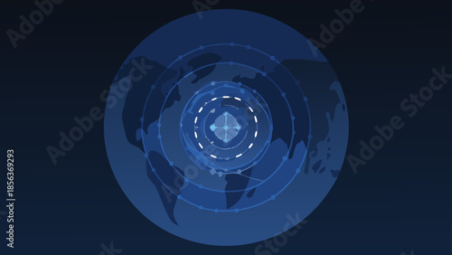Abstract world map with concentric circles and connecting lines in shades of blue creating a global network view