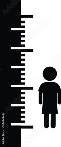 Simple black and white pictogram showing a small person standing next to a measuring ruler