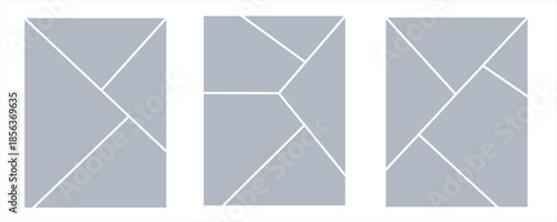 Image collage layout template. Grey mosaic mood board grid collection. Picture frame set. Photo album idea for banner, poster, comic page, flyer, brochure, booklet, memory wall design. Vector pack