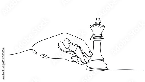Minimalist continuous line art illustration of a hand reaching for a chess king representing strategy, leadership, and successful business moves.