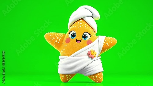 Wallpaper Mural Cute cartoon starfish character wrapped in a spa towel, ready for relaxation, against a vibrant green screen background Torontodigital.ca