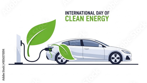 Electric car charging at station with green leafy power source on international day of clean energy