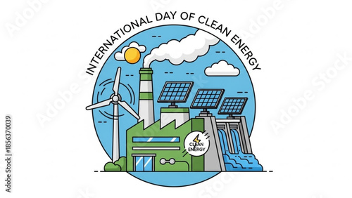 International day of clean energy, sustainable power generation with solar panels, wind turbine, hydroelectric dam and green factory, eco