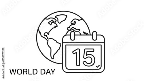 World day calendar icon with globe and date 15, symbolizing international awareness and events