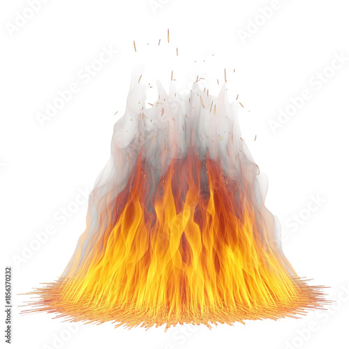 A vibrant yellow orange and red burning fire with rising glowing embers and swirling wisps of smoke, isolated on transparent background