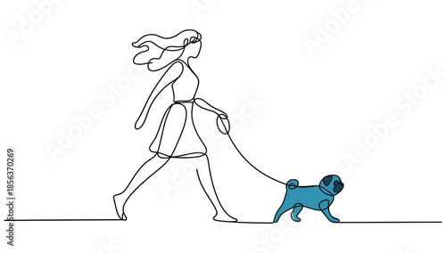 Minimalist continuous line art illustration of a woman walking a blue pug dog on a leash for pet care concepts.