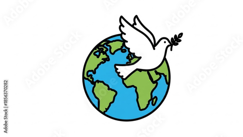 A white dove flying over a blue and green globe with olive branch, symbolizing peace and harmony on earth, global unity and hope for a better