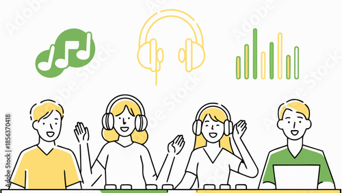 Illustration of people with headphones listening to music and sound waves with music notes