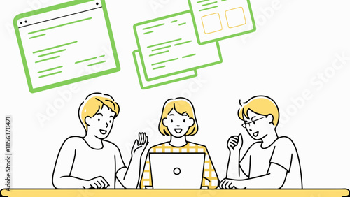 Three people at a table with a laptop and floating webpage mockups in green and yellow color scheme