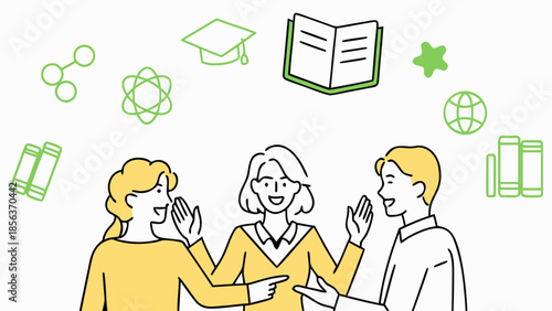 Three people discussing with educational icons including book atom and graduation cap floating above