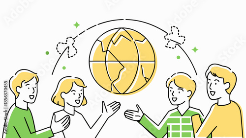 Illustration of four people standing around a globe with dotted lines and green sparkles above them