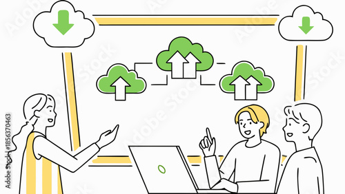 Illustration depicting a team discussing cloud computing and data transfer with cloud diagrams shown