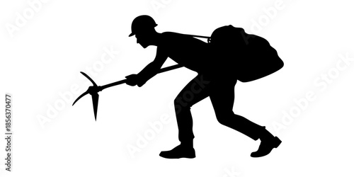 Silhouette of Mining Professional Carrying Heavy Sack and Pickaxe Tool
