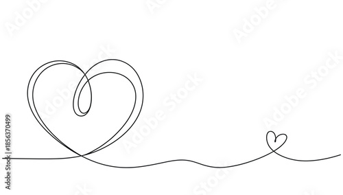 Minimalist continuous line art illustration of a large and small heart, simple black outline for love, family, and romance.