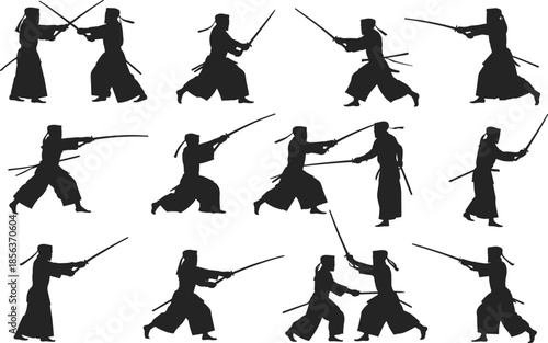 Dynamic black silhouettes of kendo martial artists sparring with bamboo swords in traditional attire, showcasing combat stances and techniquesDynamic black silhouettes of kendo martial a