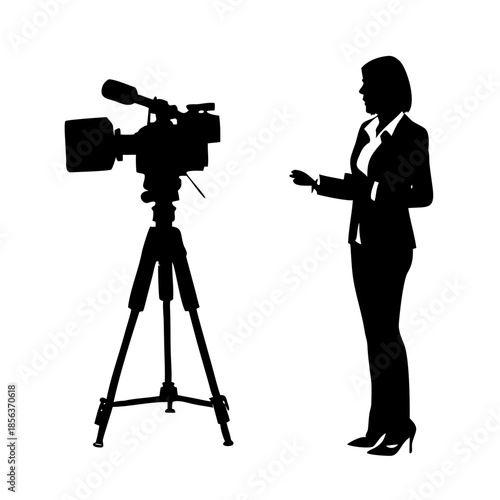 Silhouette of Female News Reporter Standing Next to Professional Video Camera on Tripod