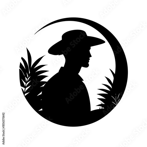 Tropical Farmer Silhouette in Circular Frame with Palm Trees and Moon Vector