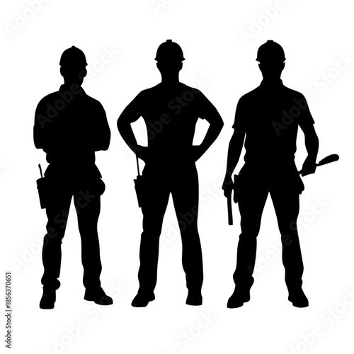 Silhouettes of Construction Workers and Contractors Team with Tools and Hard Hats