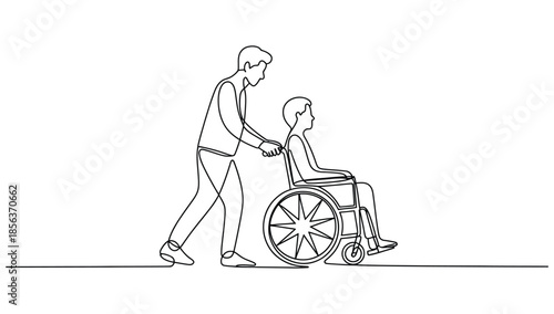 Minimalist continuous line art illustration of a person pushing a patient in a wheelchair, simple black outline for healthcare and assistance.