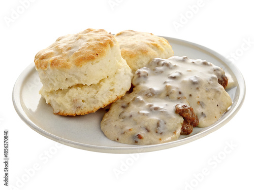 Delicious biscuits and sausage gravy on a plate