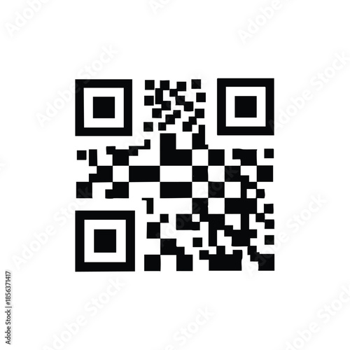 A black QR code on a white background with a square shape and pixelated design.