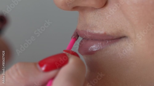 Makeup Lips Application Applying Gloss With Disposable Applicator Close Up