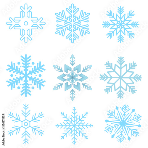 A professional set of nine light blue snowflake icons in various geometric styles. High-quality EPS vector elements for winter season branding, holiday decor, and cold weather graphics.