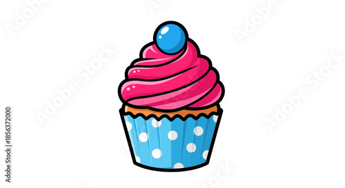 Delicious Cupcake with Pink Frosting and Blue Candy Topping Illustration.