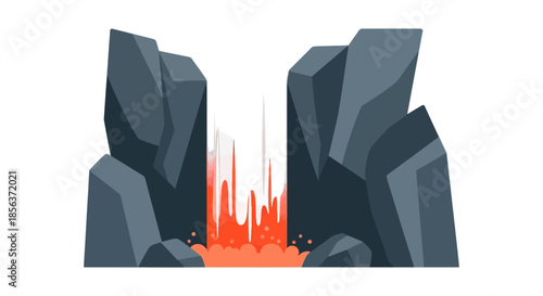 Volcanic Landscape with Jagged Rocks and Fiery Lava Flow.