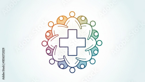 Diverse people forming a circle around a medical cross symbol with rainbow colors representing healthcare community support and unity