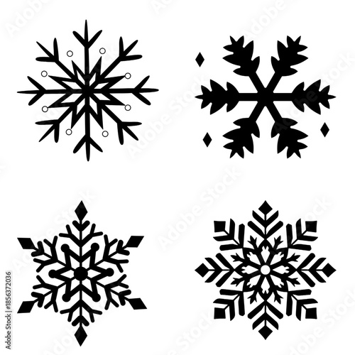 Set of four unique black snowflake silhouettes. High-quality EPS vector elements featuring intricate geometric crystal designs for winter branding, holiday cards, and seasonal patterns.