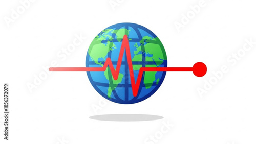 Earth globe with red ecg heartbeat line symbolizing global health and vitality on white background