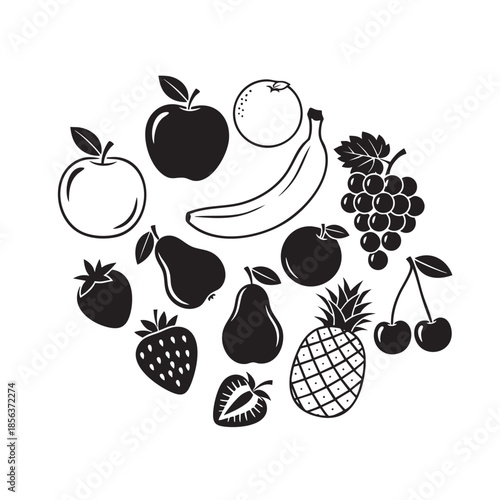 Assorted Fruits Illustration with Apple Banana and Grapes on Transparent Background