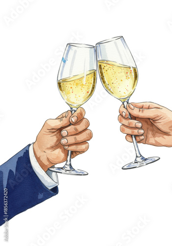 expressive close-up watercolor of two hands clinking thin-stemmed crystal glasses with effervescent wine; visible indigo suit cuff against a transparent background. concept of sophisticated