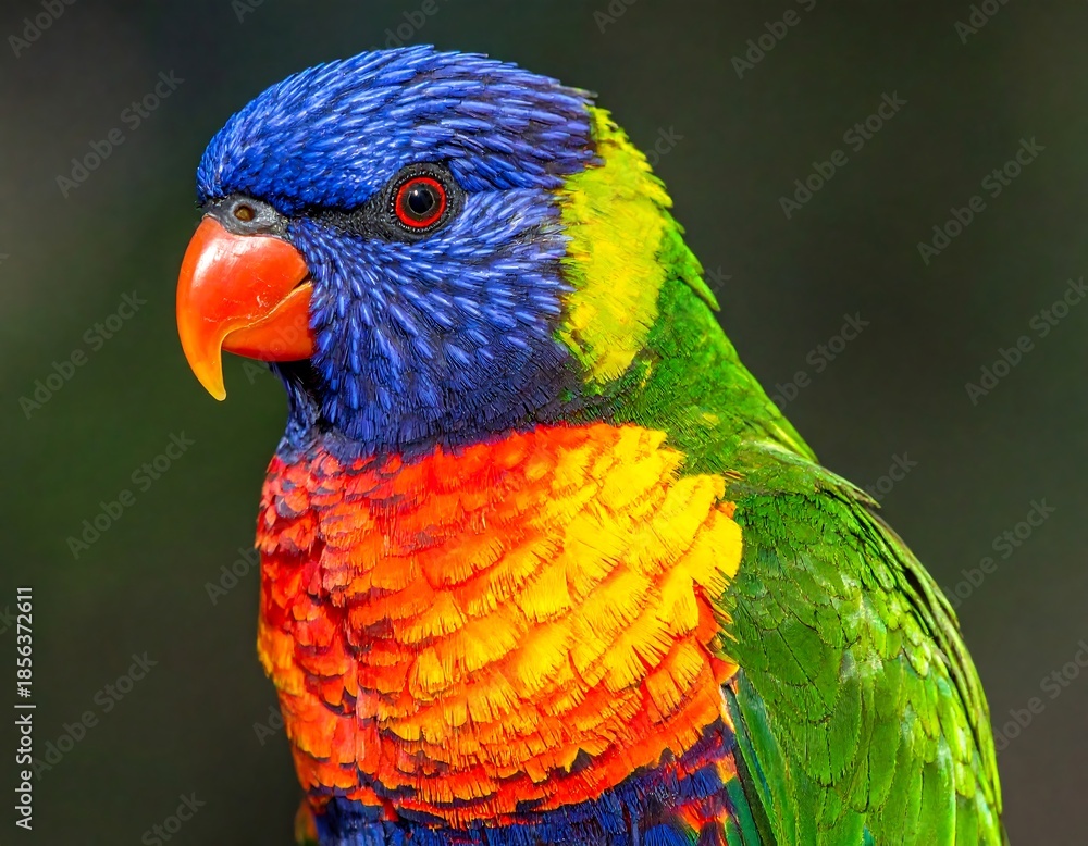 Naklejka premium Close-up of a vibrant rainbow-colored bird with sharp gaze