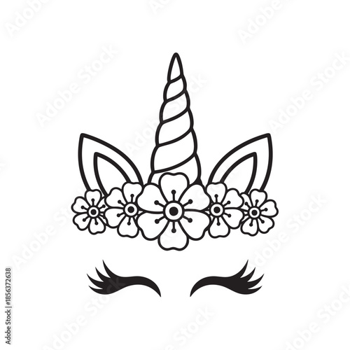Cute unicorn face with floral horn and closed eyes isolated on transparent background