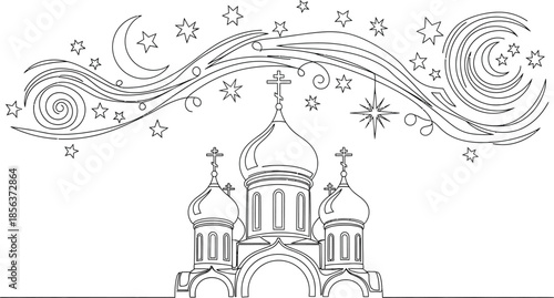 Simple line art illustration of a traditional Russian orthodox church building featuring multiple onion domes under a starry night sky.