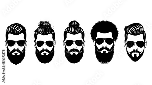Diverse Collection of Stylish Bearded Men Icons with Trendy Hairstyles and Cool Sunglasses
