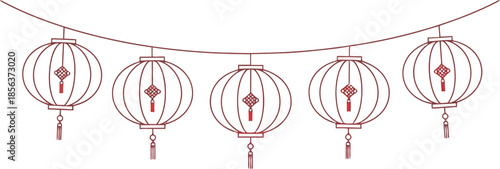 Minimalist outline illustration featuring five traditional red chinese lanterns hanging in a decorative curved string design for celebration