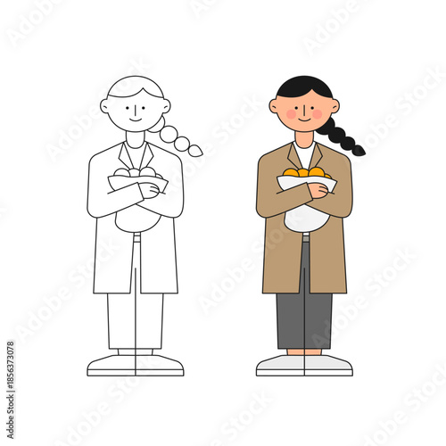 귤 들고 있는 여자(캐릭터+둥근+귀여운+코트)