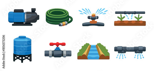 Colorful irrigation tools icons: pumps, hoses, sprinklers, valves, reservoirs