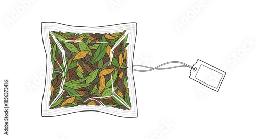 Illustration of a loose tea sachet filled with colorful leaves, isolated on a crisp white background, showcasing detailed textures and a minimalist design