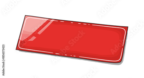 Glossy red paper label with a reflective shine, isolated on a clean white background, showcasing a modern rectangular design with a sleek finish