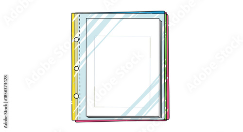 Colorful sheet protector isolated on white background with transparent cover and multiple holes for binder, showcasing office organization