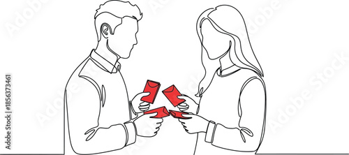 Continuous line drawing depicts a man and a woman exchanging multiple small red envelopes likely symbolizing luck or money during a festive occasion
